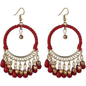 Woven Bohemian Tasseled Earrings In Red